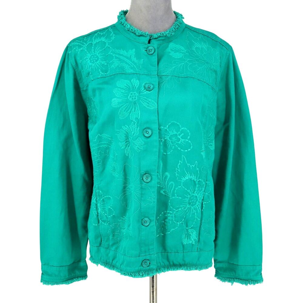 Chicos 3 Jacket Womens XL 16 Green Embroidered Floral Linen Blend Fringe Trim